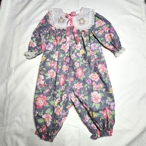 Vintage Cradle Togs Blue Floral Bodysuit w/ Lace Bib Collar | Baby Size 18 Month